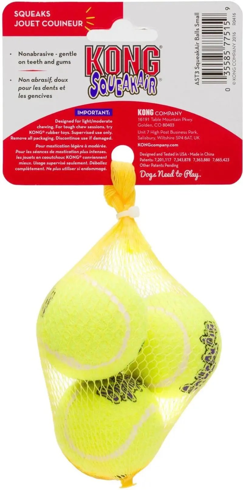 KONG Squeakair Tennis Balls 3Pk Small Airdog Squeaky Dog Fetch Toy 2"