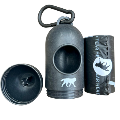 compostable plant-based dog poop bags + bamboo dispenser