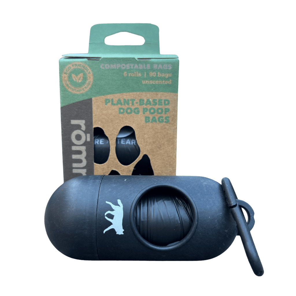 compostable plant-based dog poop bags + bamboo dispenser